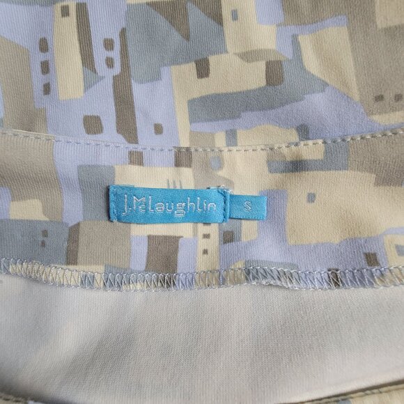 J.McLaughlin Beige & Blue Abstract Print 3/4 Sleeve Boat Neck Top Small Stretch - Picture 3 of 8